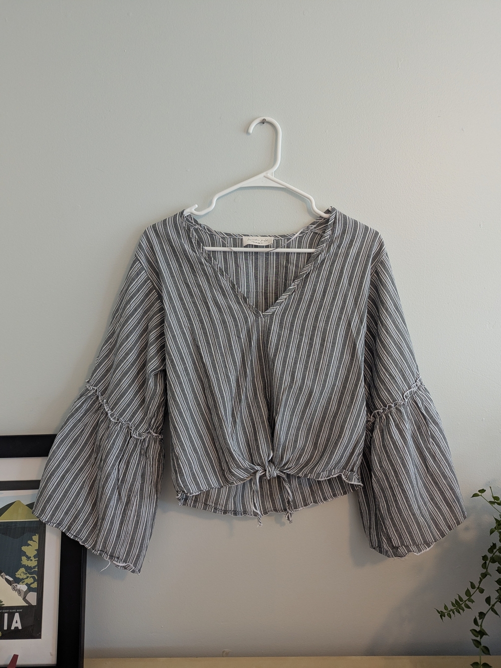 Boho Gray and White Striped Tie-Front Blouse